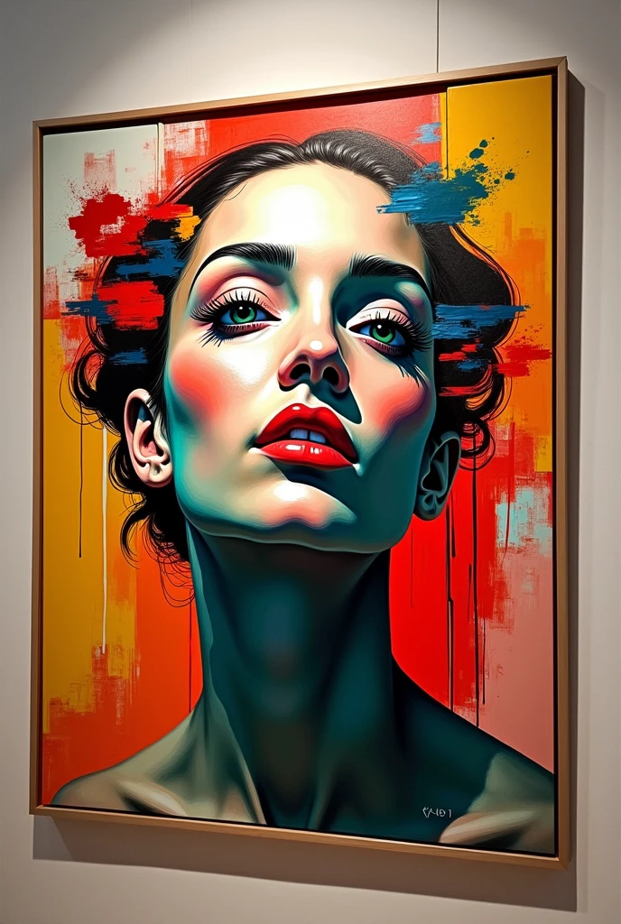 Dynamic abstract portrait with vibrant geometric shapes, multiple perspectives, bold colors, and sharp angles, featuring fragmented features and expressive brushstrokes. The composition is avant-garde, drawing inspiration from Picasso and Matisse, showcased in an art gallery. This high-resolution digital artwork boasts a rich color palette of reds, blues, yellows, and greens, illuminated by dramatic lighting. The piece is characterized by intricate details, offering a modern interpretation that is striking and sophisticated, created by a contemporary artist.The creator's signature.