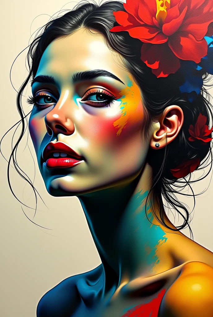 Dynamic abstract portrait with vibrant geometric shapes, multiple perspectives, bold colors, and sharp angles, featuring fragmented features and expressive brushstrokes. The composition is avant-garde, drawing inspiration from Picasso and Matisse, showcased in an art gallery. This high-resolution digital artwork boasts a rich color palette of reds, blues, yellows, and greens, illuminated by dramatic lighting. The piece is characterized by intricate details, offering a modern interpretation that is striking and sophisticated, created by a contemporary artist.The creator's signature.