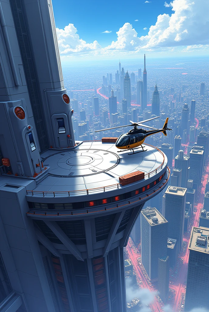 An anime-style rooftop helipad