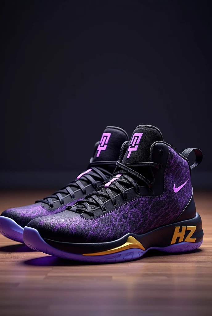 Basketball shoes with the best jumping technology with the best materials and the brand is called HZ with a black-purple color and gold details, put the HZ logo on it and let it represent Black Panther, put a black panther on the sides and make them low-top, put the HZ brand on them, remove the low-top Jordan, give me another perspective.