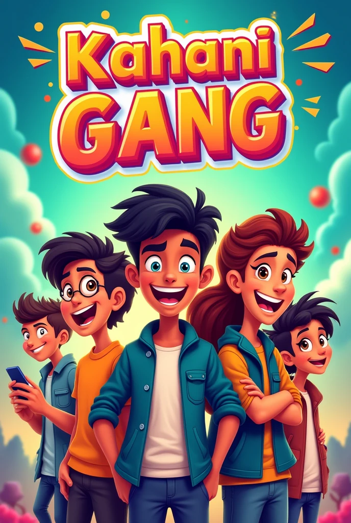 Give me vertical teenaged animated youtube banner for kahani gang written on it