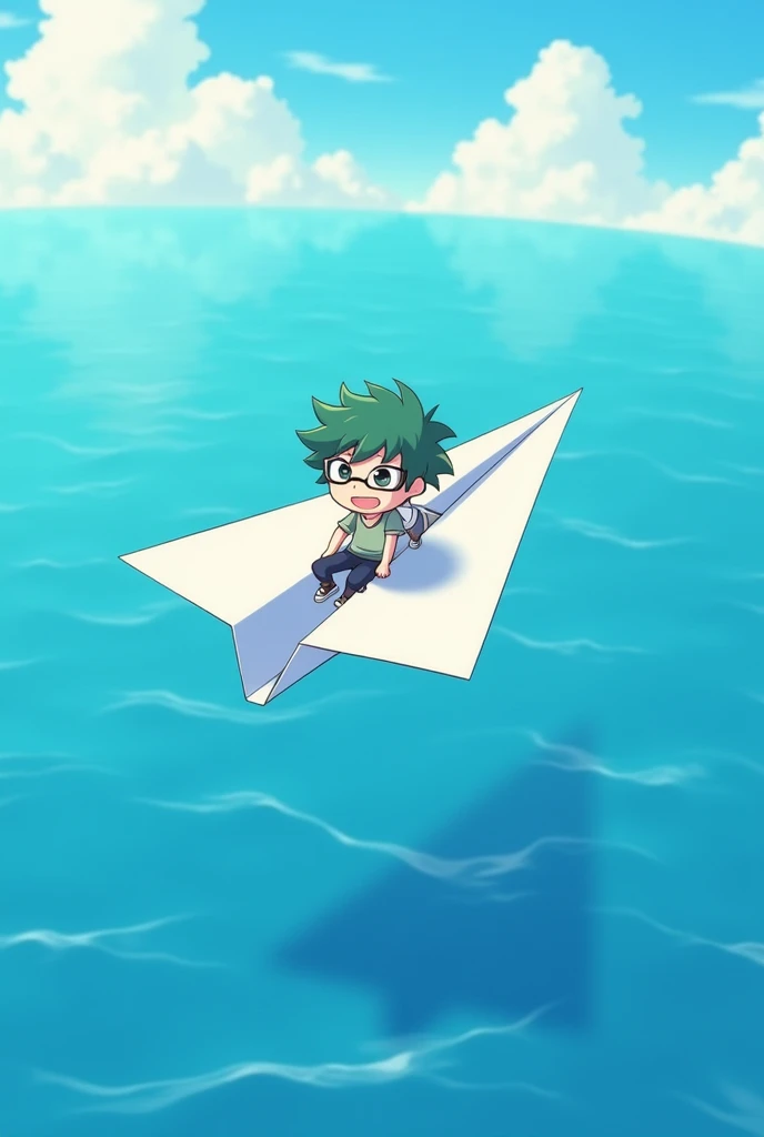 Riding on a paper airplane、Ocean、null、Cute young man with green hair and mashed hair, black-rimmed glasses, アニメ, casual clothes
