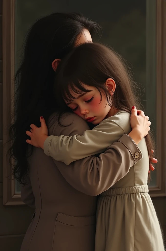 A girl hugs her mother and cries.