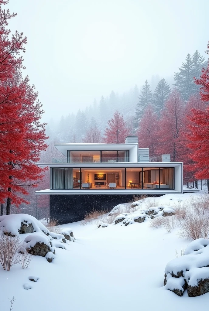 Prompt: A modern minimalist house with clean lines and floor-to-ceiling windows, architect-designed in a snowy landscape and red leaved trees