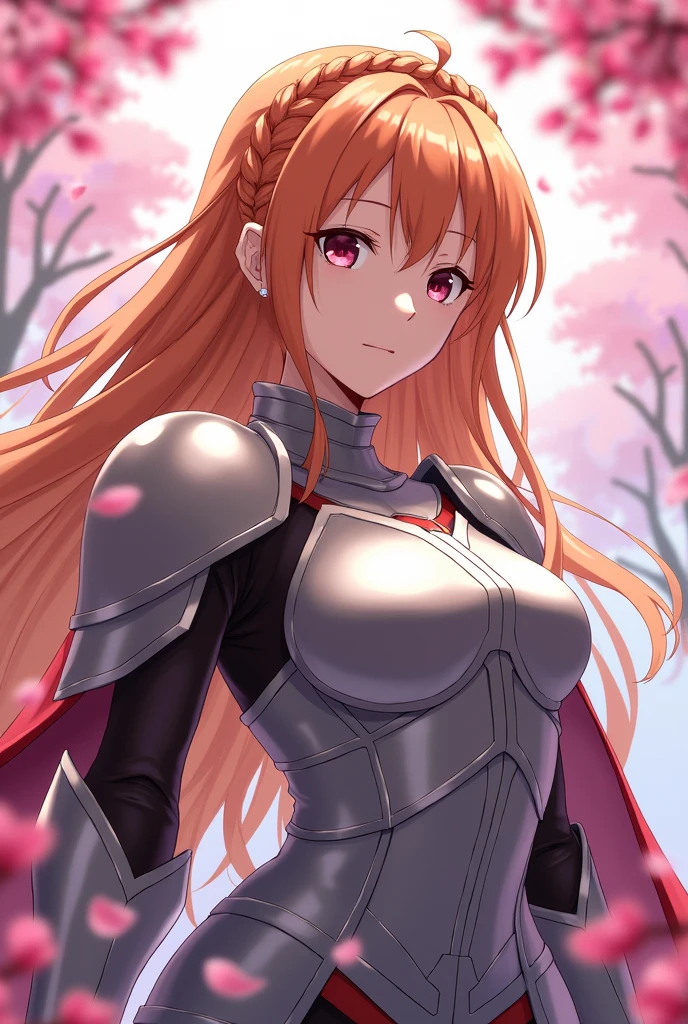 asuna, ((masterpiece)), highres, asuna (sao), crown braid, light orange hair, armor, cherry blossoms, dutch angle