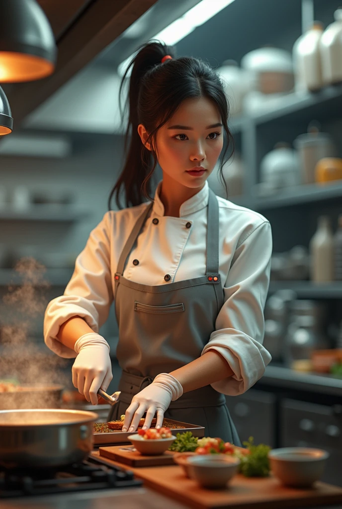 Female chef with natural face in a restaurant kitchen 