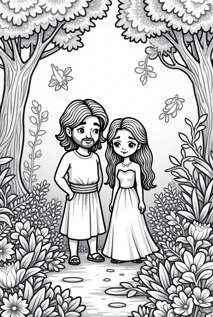 Create Disney style coloring page with biblical character Adam and Eve