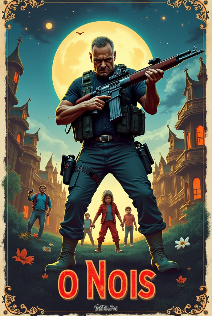 (Disney movie poster style)
Man with a rifle and several weapons aiming at children.
with the title : "O Nois"
