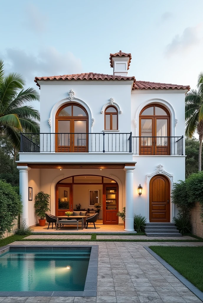 Iberian Mediterranean style house Location: Florianópolis.
Private area: 355,19 m².
Total land area: 573,48 m².
garage: For two cars and a motorcycle, with room to maneuver.
Tool shed: Located on the ground floor.
Garden:
front-facing: Simpler.
sides: Sufficient space for people and dogs to move around.
backgrounds: Grassy area for greater privacy, ideal for children and dogs to play.
swimpool: Built on land with a steep slope, but designed to deal with this without influencing the construction.
Finishes and materials:
Wood: Used in finishing.
Vinyl flooring: Imitating wood.
tiling: terracotta.
External coating: Ipe brick in very light sand color.
Doors and windows: wooden.
External floor: Rustic stones.
ornamental details: Arches and some decorative details.
styled:
Predominant color of the house: white.
Paredes: Some in colors from the Iberian Mediterranean palette.
Avoid: Exquisite marble and granite, columns, greek mediterranean style textures, and stucco plaster.
