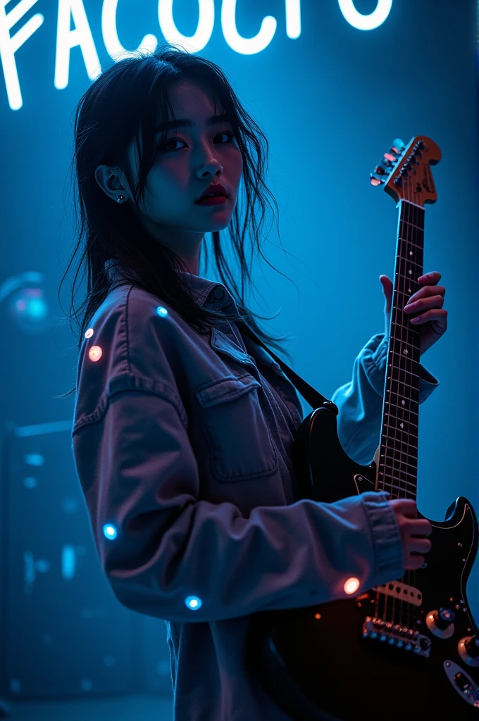 Asian k-pop boy in a dark place with long hair and in the background the word facneo written and an electric guitar that he is playing and his clothes have luminous stones