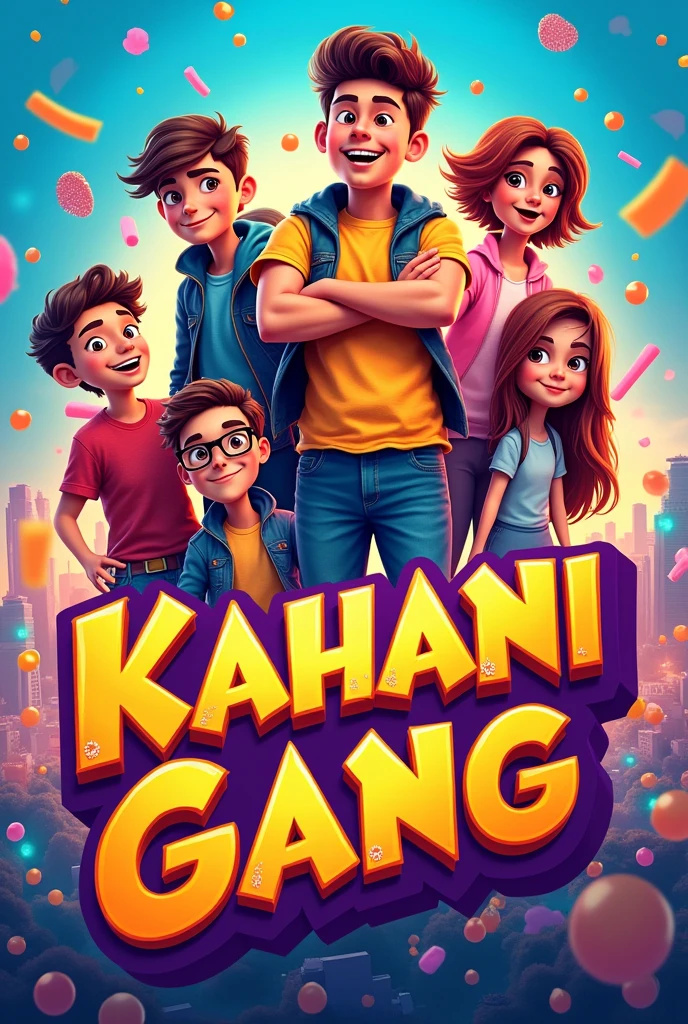 Give me vertical teenaged animated youtube banner for kahani gang written on it
