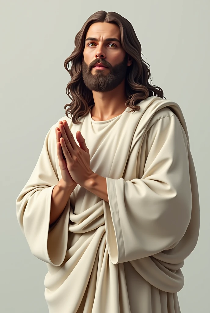 tidy image of a man with long hair and beard, Retrato de jesus Cristo, jesus Cristo, rosto de jesus de frente, handsome stunning realistic, jesus, jesus de Nazaré, jesus Cristo em Mass Effect, White tunic, right hand in blessing position and the left on your chest
