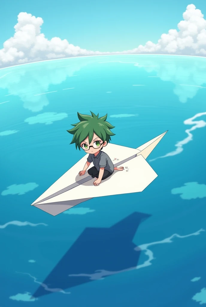 Riding on a paper airplane、Ocean、null、Cute young man with green hair and mashed hair, black-rimmed glasses, アニメ, casual clothes