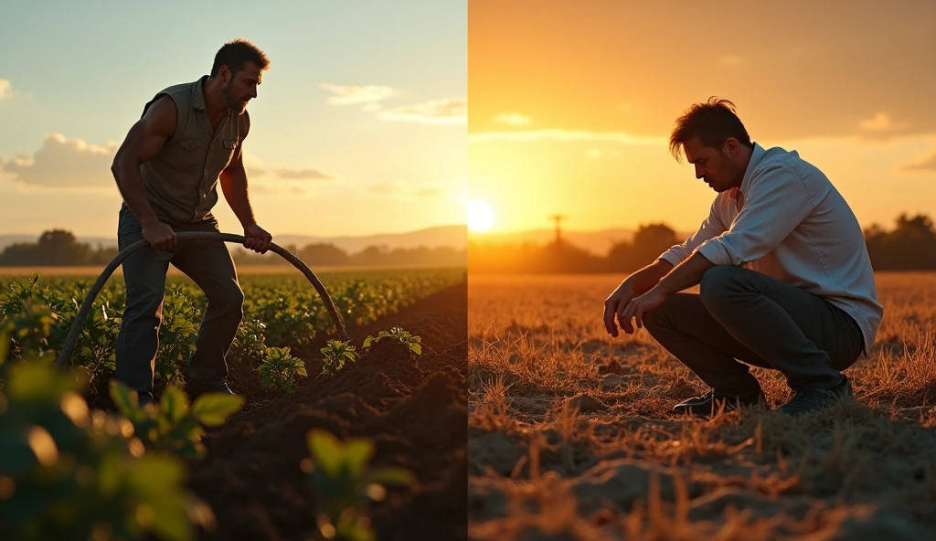 The Hardworking Farmer:** A split-screen image showing the hardworking brother on one side, plowing a field with dedication, under a bright sunny sky. He is strong, determined, and focused on his work. On the other side, the lazy brother is shown sitting idly by a dried-up field, with a sad expression, as the sun sets in the background.
