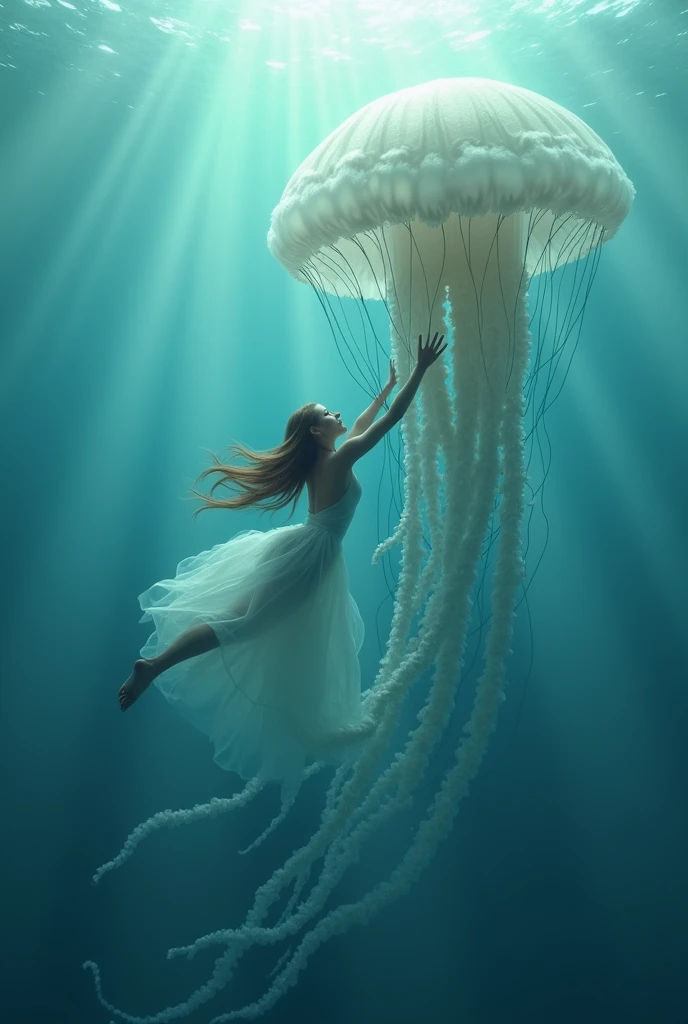 woman,Giant jellyfish,under the sea,light blue