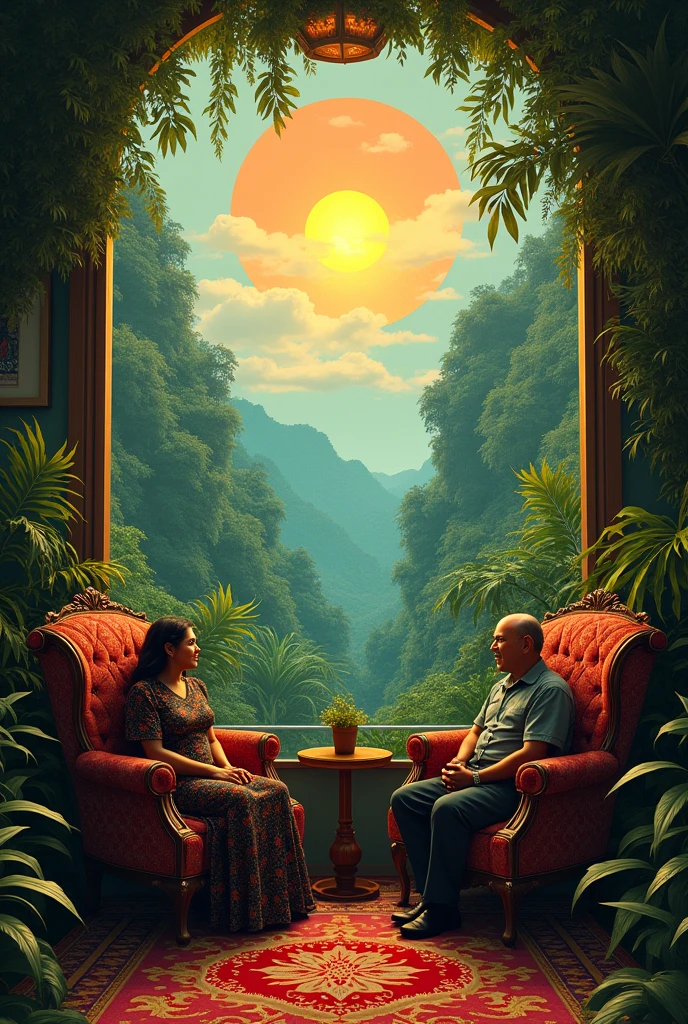 Creates a not so realistic image of : THE SUN IN PEDRO'S HOUSE Let there be a sun in the window and a man sitting in an armchair in the Peruvian jungle Now : creates Pedro with his mother Marta