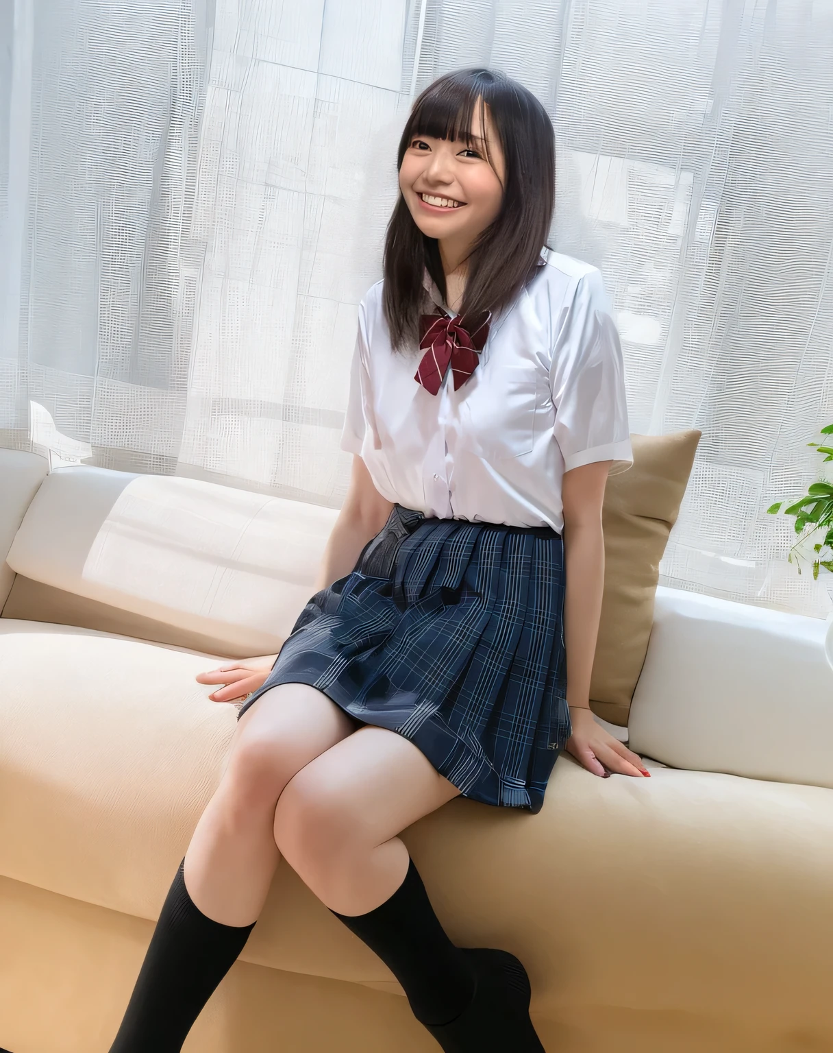 Super detailed,Highest quality,1 female,sitting on a big white sofa,Looking up at me,Sitting with knees together,White short sleeve blouse,She is wearing a checkered pleated mini skirt,Black socks,Posing for a photo,The background is blurred