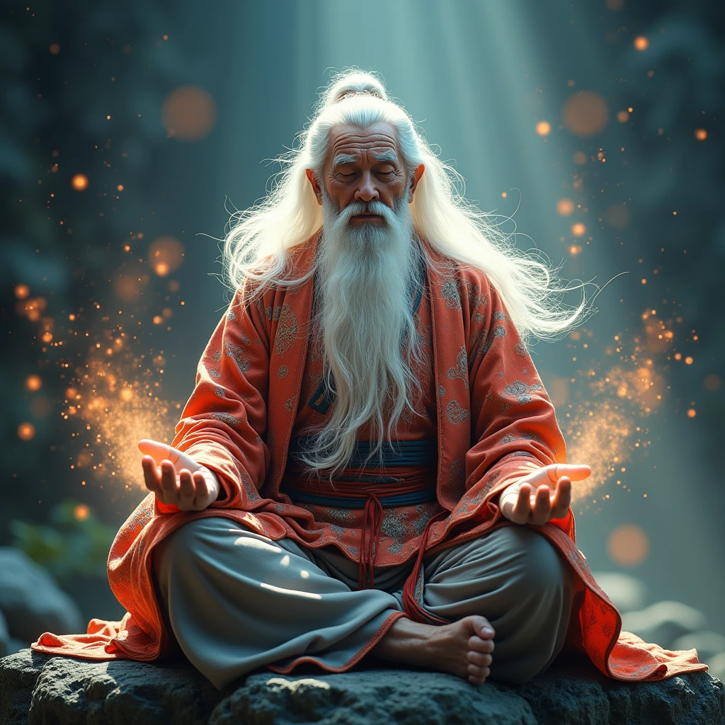 Close-up of a young Chinese Taoism leader sitting on a stone,White hair,beard,Meditate cross-legged,Taoism, Wearing a gorgeous robe,Magic Aura,Taoism master,Taoism,In the center,Look directly into the camera,Very bright colors, Light Particles, Luminescence,Wallpaper Art, Ultra HD Wallpaper