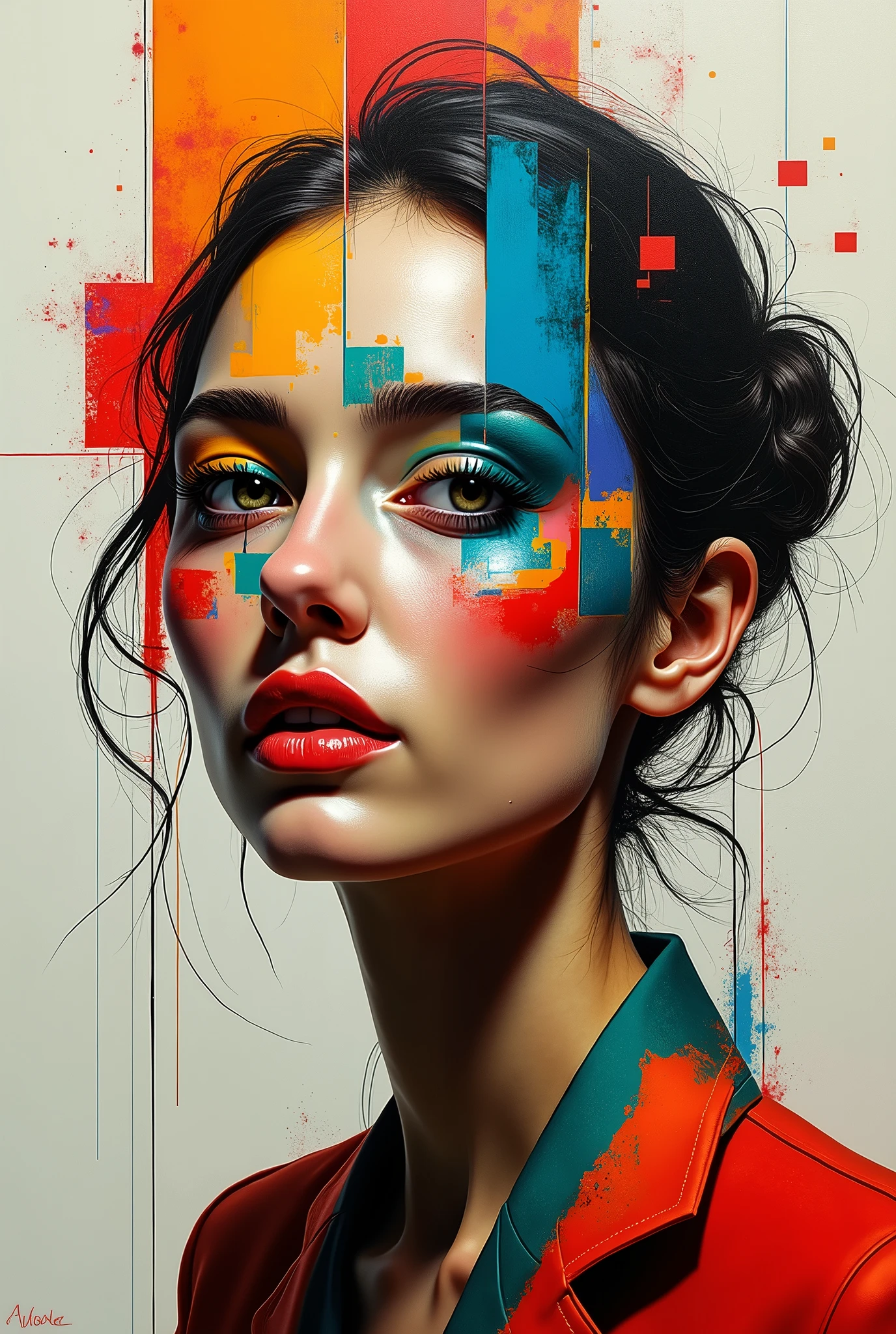 Dynamic abstract portrait with vibrant geometric shapes, multiple perspectives, bold colors, and sharp angles, featuring fragmented features and expressive brushstrokes. The composition is avant-garde, drawing inspiration from Picasso and Matisse, showcased in an art gallery. This high-resolution digital artwork boasts a rich color palette of reds, blues, yellows, and greens, illuminated by dramatic lighting. The piece is characterized by intricate details, offering a modern interpretation that is striking and sophisticated, created by a contemporary artist.The creator's signature.