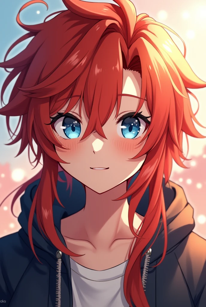 Anime Half human half dragon boy long red hair beautiful blue eyes where's a jacket smiling I love graciously at the camera anime