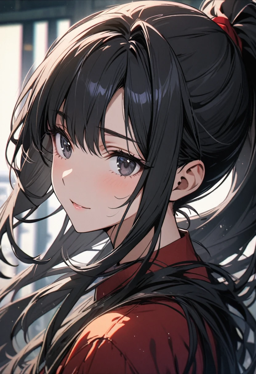 girl, adult, black eyes, black hair, long hair, beautiful eyes, beautiful color, high detail, calm face, ponytail