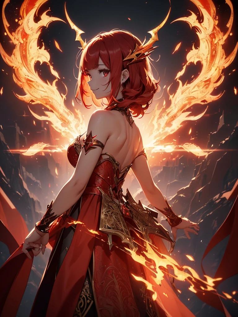 (((best quality, sharp image, clear image, cinematic lighting, 8k resolution, masterpiece, ultra detailed, intricate))) Girl, sorcerer, cute, intricate dress, smiling, fiery red, ((intricate background)), (rune frame), dimension, ((shot from behind)), fire sigils, chaotic background, ((half-body shot))