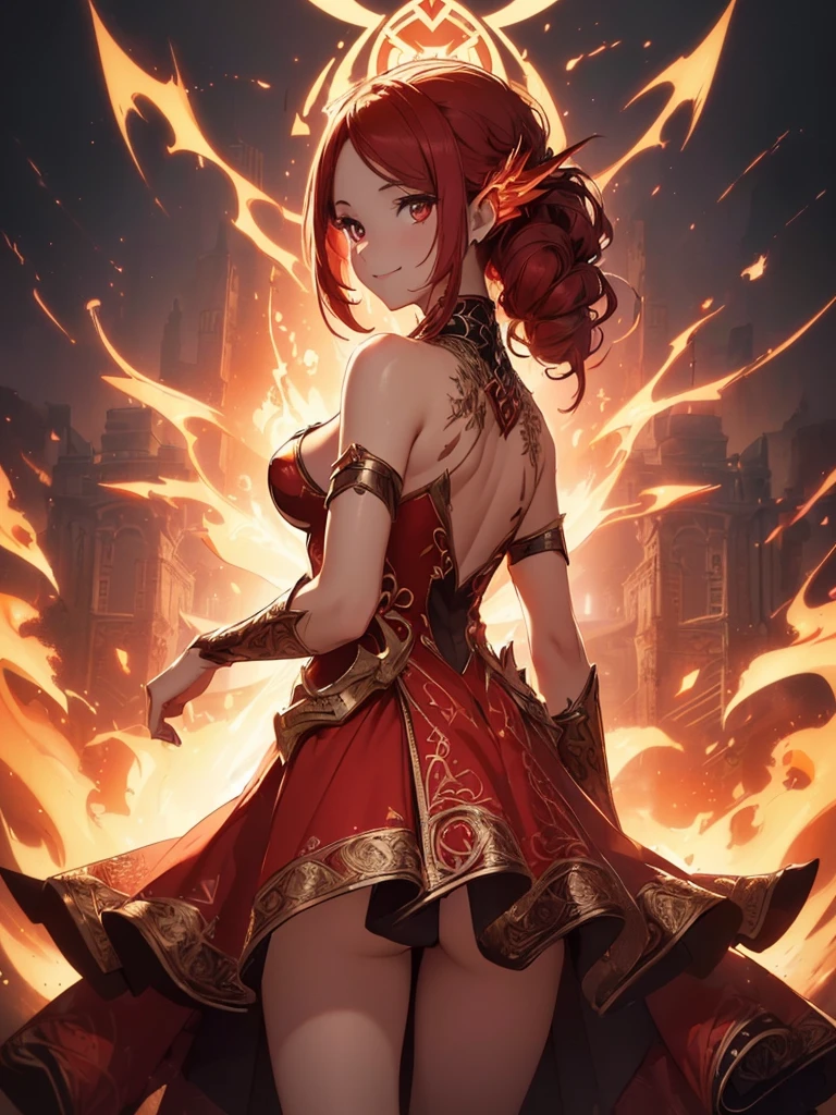 (((best quality, sharp image, clear image, cinematic lighting, 8k resolution, masterpiece, ultra detailed, intricate))) Girl, sorcerer, cute, intricate dress, smiling, fiery red, ((intricate background)), (rune frame), dimension, ((shot from behind)), fire sigils, chaotic background, ((half-body shot))