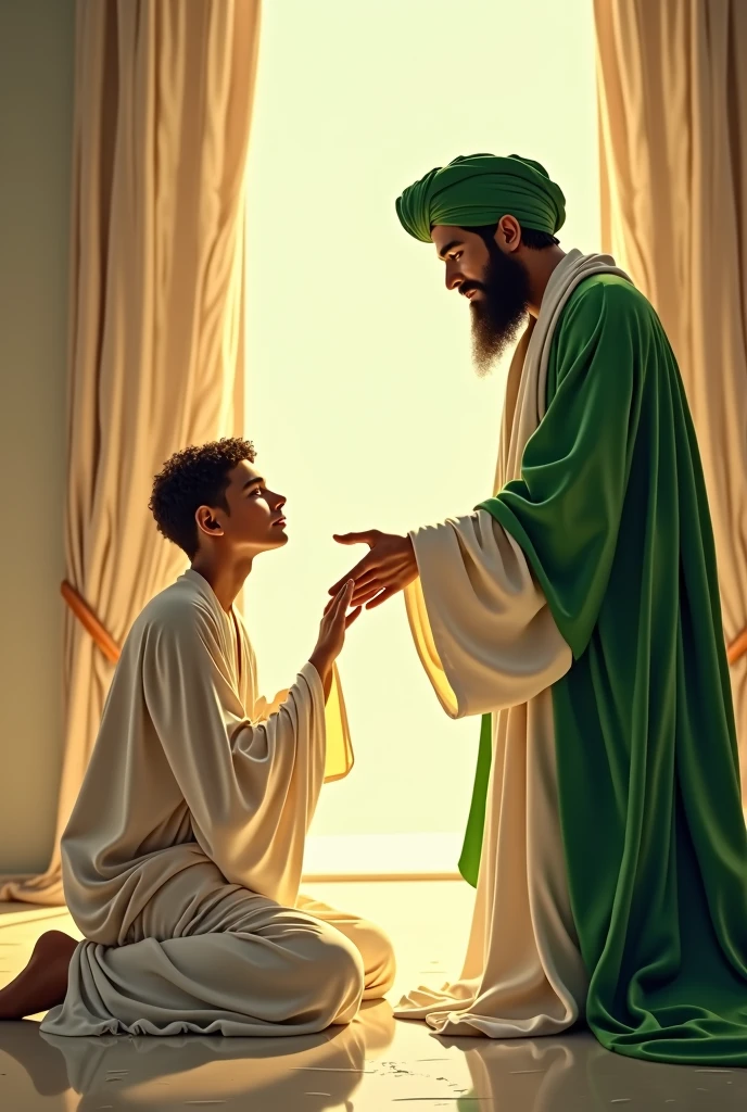 A young man in white clothes dreamed that he was kneeling down and was invited by a handsome man with a beard, wearing a green and white turban and a green and white robe, to enter a bright room while holding out his hand.