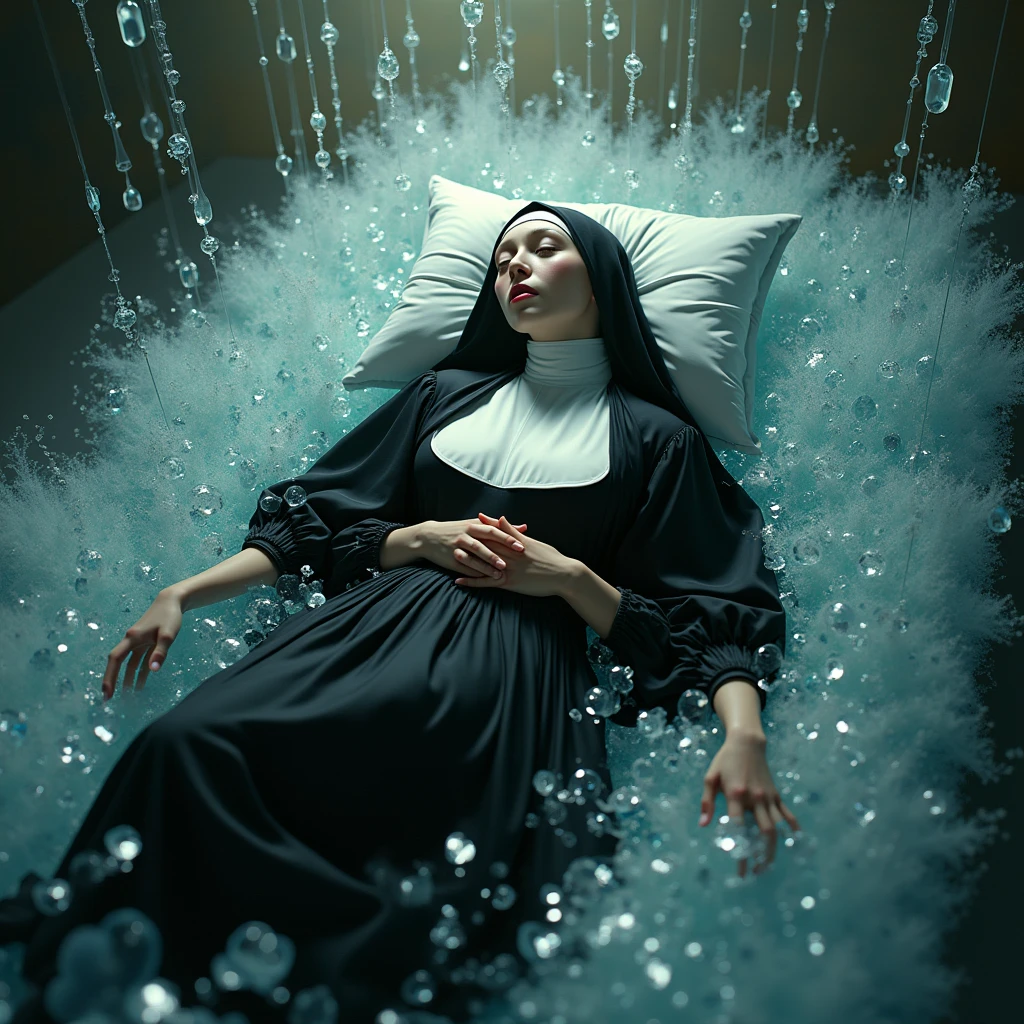Saint Rose of Lima with her black and white clothing, sleeping in a bed full of glass.