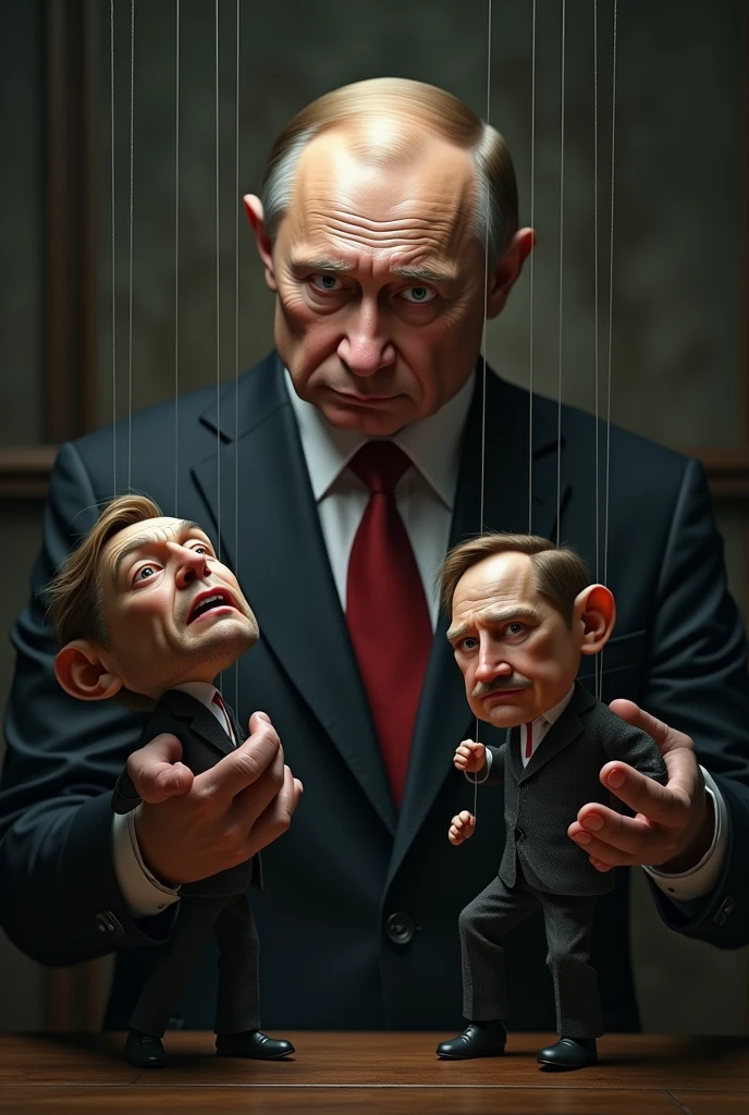 Elon Musk as a little puppet being controlled/played with by Vladimir Putin