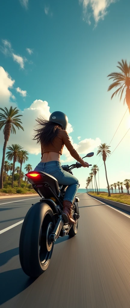 back view,I am driving my car and in front of me I see a beautiful woman wearing a short brown jacket and jeans, she rides a beautiful sports bike, fat tire motorcycle, She has an athletic and well-built body, she has a big and beautiful butt, It's a beautiful sunny summer day on the coast, the street has palm trees and a beautiful view, blue sky with few clouds, lensflare, motorcycle lights are real, the image is as real as a mirror, butt cocked, knee high boots, I see her butt up close, Light streaks, Light rays, lens flares, reflections of circles of light, she wears a helmet, she looks at me with a beautiful smile