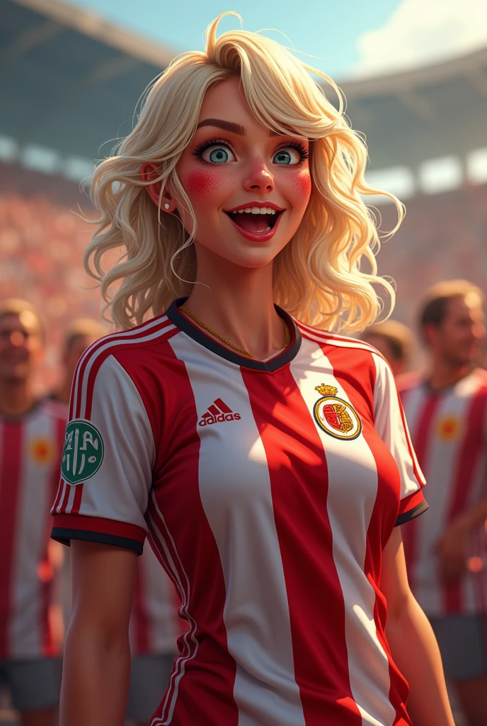 A blonde woman wearing a Flamengo team shirt