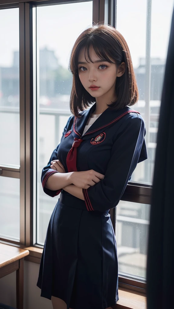 A beautiful girl with red eyes wearing a navy blue sailor uniform standing by the window in the classroom, (((red eyes:1.2)))、(Detailed eyes and face:1.2、Professional photography techniques:1.3)、Highest quality、Highest quality、Masterpiece、Ultra high definition、Reality、Red color contact lenses、Beautiful bob cut、The pinnacle of the hierarchy