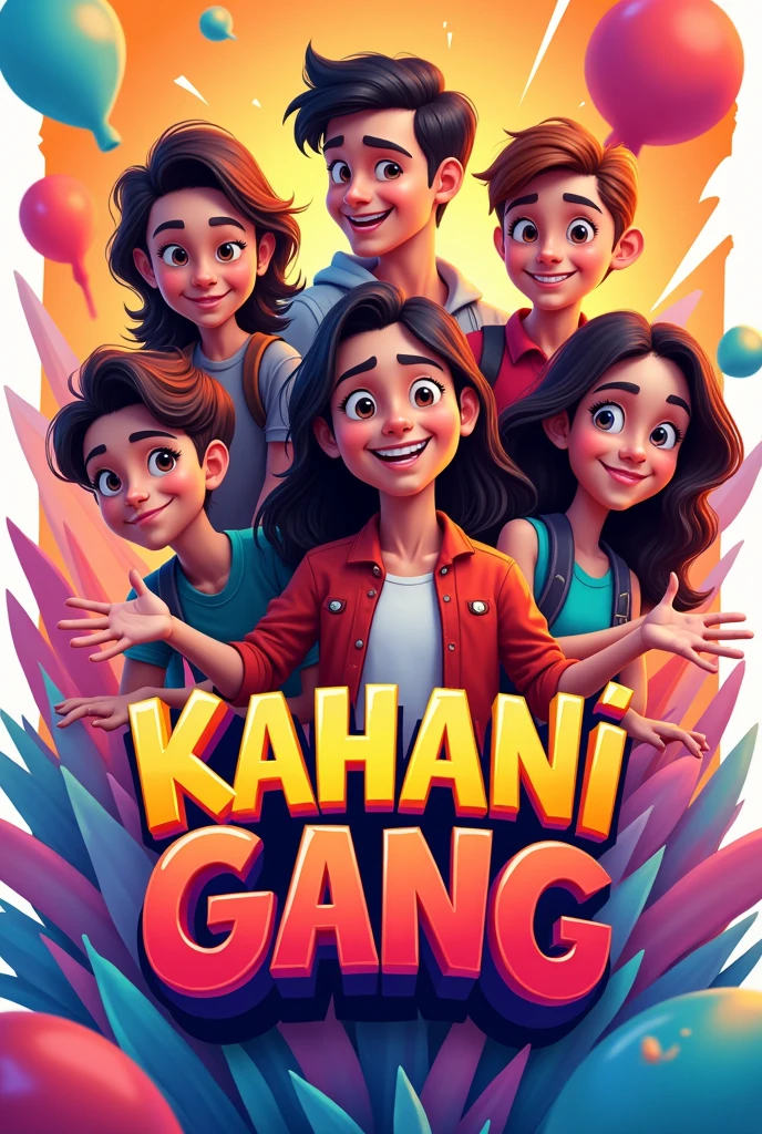 Give me vertical teenaged animated youtube banner for kahani gang written on it