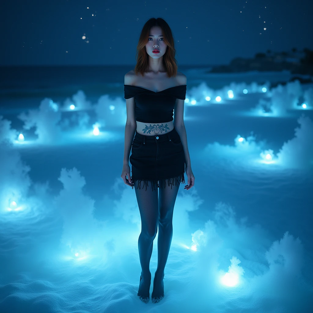 Real picture, 1 girl, beautiful, Seductive, sexy, Asia, Medium bust, Bronze hair, medium length hair, light blue eyes, light red lips, tattoo, Black off shoulder top, sexy, skirt, tights, high-heels, full body, Suitable background, Real picture, spell, The blue water flows like mist around you, it&#39;s so realistic.,The backdrop is a snowy sea at night with twinkling stars in the sky.