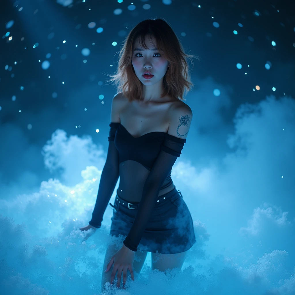Real picture, 1 girl, beautiful, Seductive, sexy, Asia, Medium bust, Bronze hair, medium length hair, light blue eyes, light red lips, tattoo, Black off shoulder top, sexy, skirt, tights, high-heels, full body, Suitable background, Real picture, spell, The blue water flows like mist around you, it's so realistic.,The backdrop is a snowy sea at night with twinkling stars in the sky.