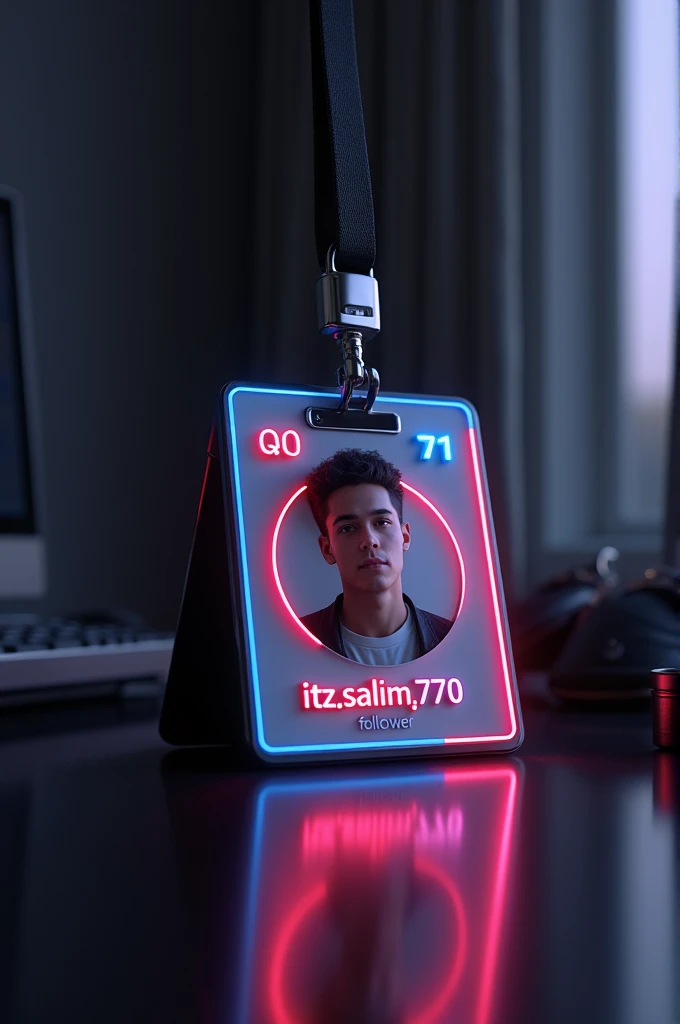creat a instagram profile and glass id card on a black desk displaying instagram logo and realistic profile photo of a teenage boy in circle and " itz.salim.770 " is written in bold fonts under the profile photo and 171 follower written the instagram card is glowing in pink and blue color on the edge, one corner is held with two finger
