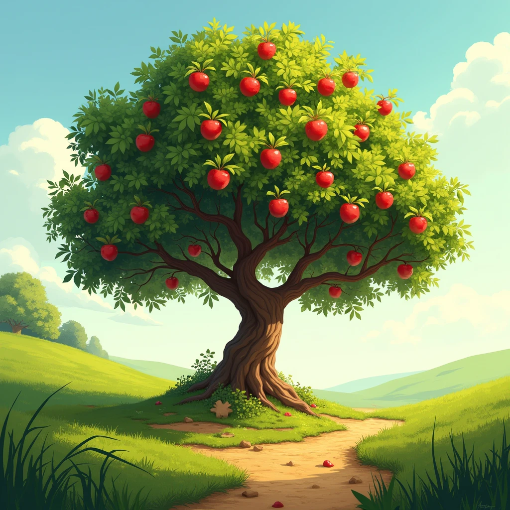 an apple tree on a hill on a dirt mound under the sun