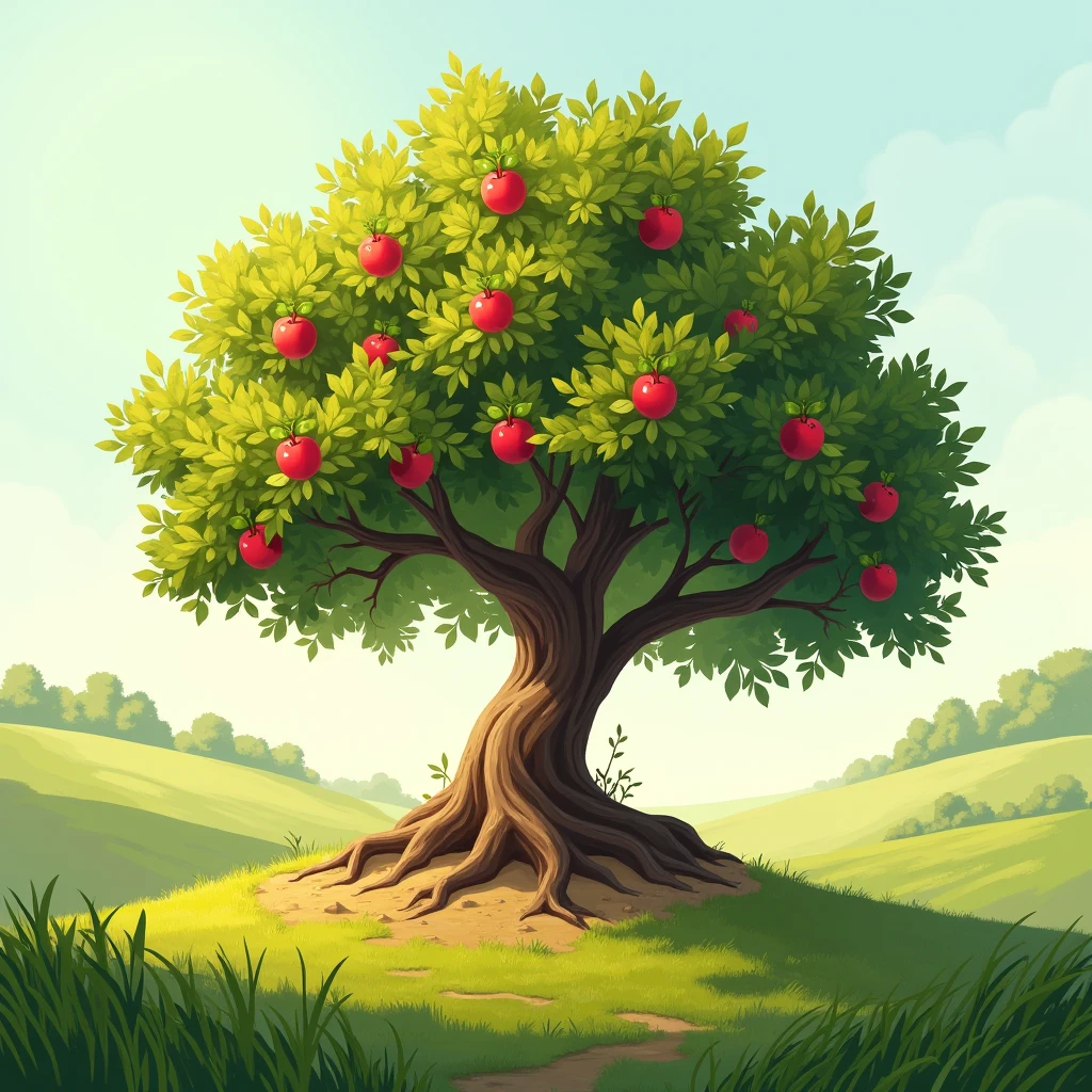 an apple tree on a hill on a dirt mound under the sun