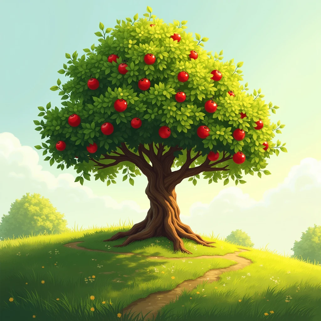 an apple tree on a hill on a dirt mound under the sun