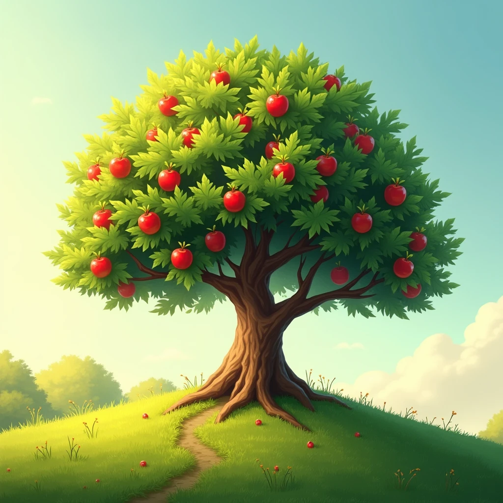 an apple tree on a hill on a dirt mound under the sun