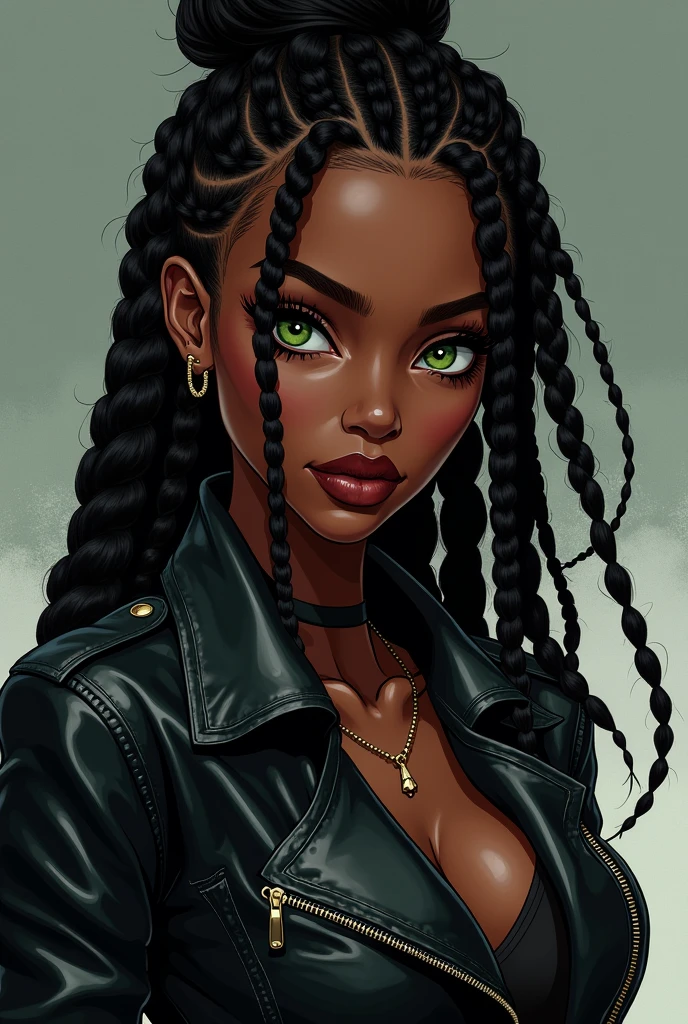 dark-skinned black woman, with braids, greeneyes, black leather jacket. anime styling.