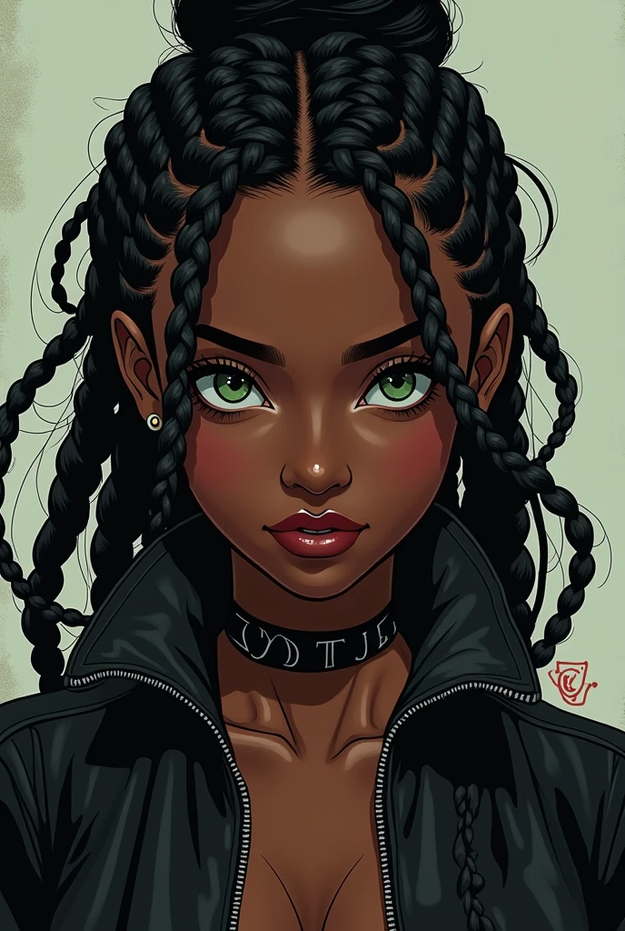 dark-skinned black woman, with braids, greeneyes, black leather jacket. anime styling.