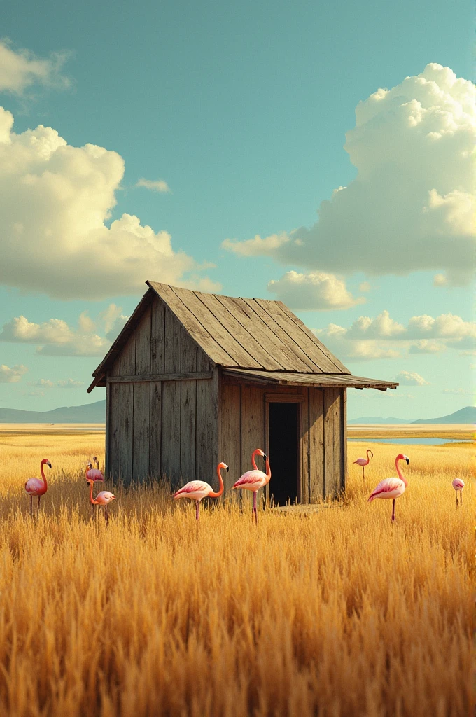 Old hut in a wheat field and swamps, surrounded by flamingos