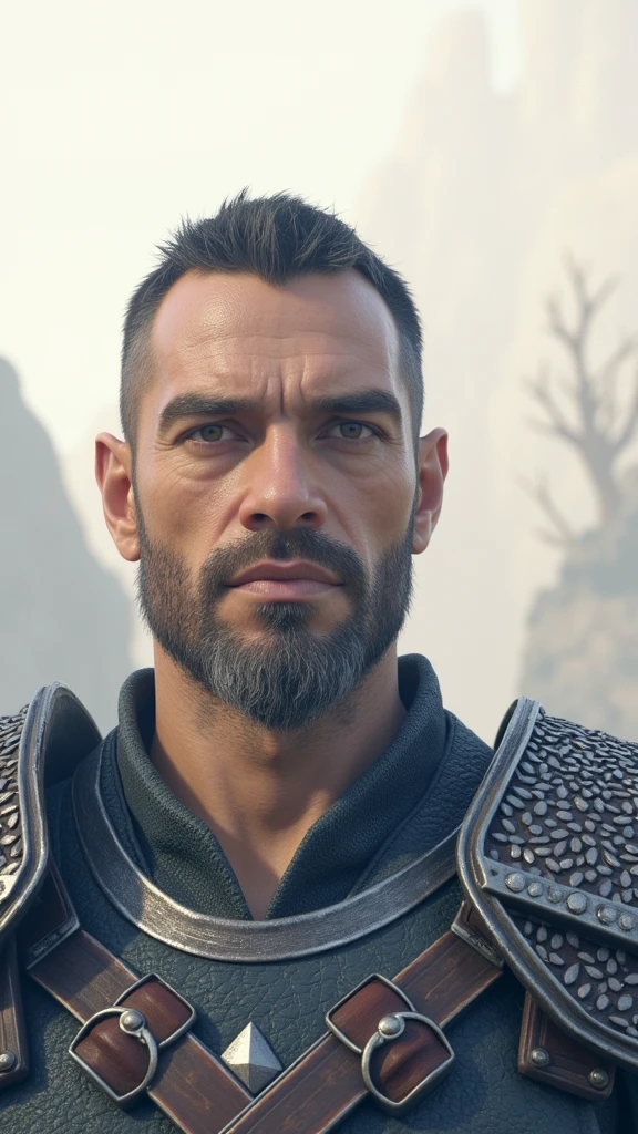 Frontal portrait Hyper focus, warrior(sem beard)  black short hair, realisitic, hiperrealisitics, realisitic, a body in the renatosphere, epic 3D realism, best in wlop, kan liu, daz3d, trends in CGsociety, estilo realisitic hiperdetalhado, completo cosplay, by Ric Nagualero, album, hyung tae kim, 8k, irreal engine 5, film composition, retratos realisitics hiperdetalhados, 3D game art, CG Society, Fantasyart, hd art of season, estética realisitic, cinematic lighting, border light, smooth light, border light de filme, fine glow, ultradetailed, 8k, uso realisitic de luz e cor, cinematic light, rendered in cinema4d 500–1000 AD -- ar 3:4- Niji 6