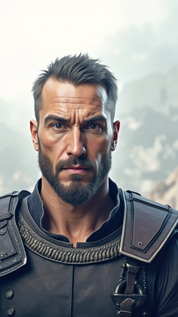 Frontal portrait Hyper focus, warrior(sem beard) black short hair, realisitic, hiperrealisitics, realisitic, a body in the renatosphere, epic 3D realism, best in wlop, kan liu, daz3d, trends in CGsociety, estilo realisitic hiperdetalhado, completo cosplay, by Ric Nagualero, album, hyung tae kim, 8k, irreal engine 5, film composition, retratos realisitics hiperdetalhados, 3D game art, CG Society, Fantasyart, hd art of season, estética realisitic, cinematic lighting, border light, smooth light, border light de filme, fine glow, ultradetailed, 8k, uso realisitic de luz e cor, cinematic light, rendered in cinema4d 500–1000 AD -- ar 3:4- Niji 6