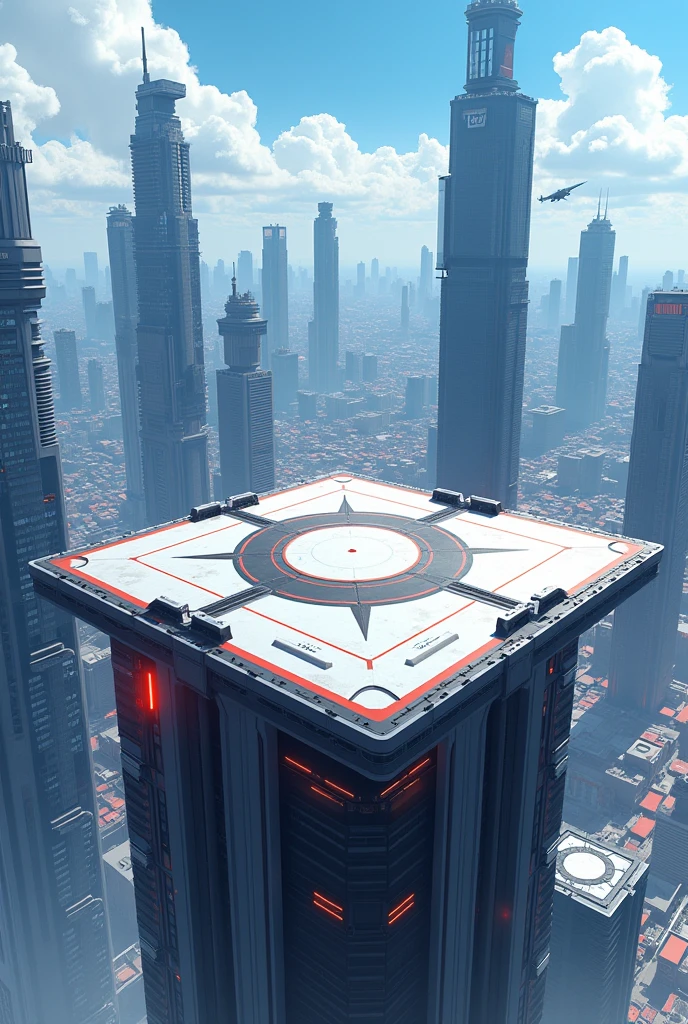 A helipad on the square roof with an anime-style zoom