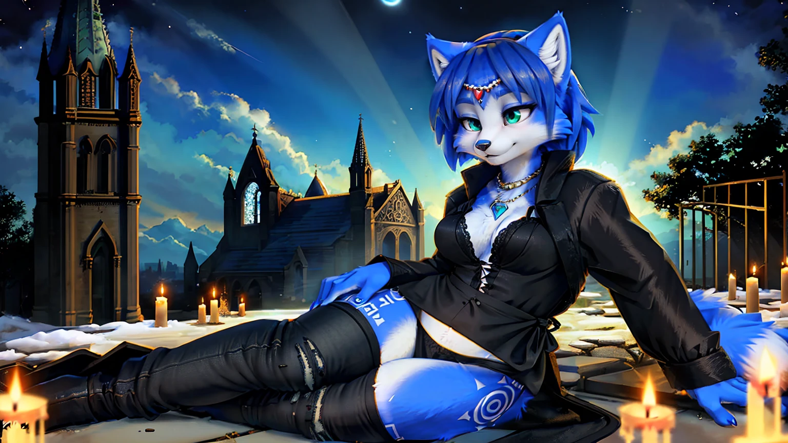 a picture of ((krystal)), Star Fox krystal, lovable, green eyes, medium , (((Long blue hair 1.3))), Decollete, anthro, furry, Uploaded E621, detailed fluffys fell, (von Fluff-Kevlar, Bayard Wu, Pino Daeni), detailed face, (fluffy), 1 girl, alone, sweet girl,  attracted, (((black coat))), (((black jeans:1.3))), (((chemise:1.3))) , detailed fur, (Kirchenruine, destroyed church, abandoned church), detailed light, Night color palette, Night pastel soft light, candles, 