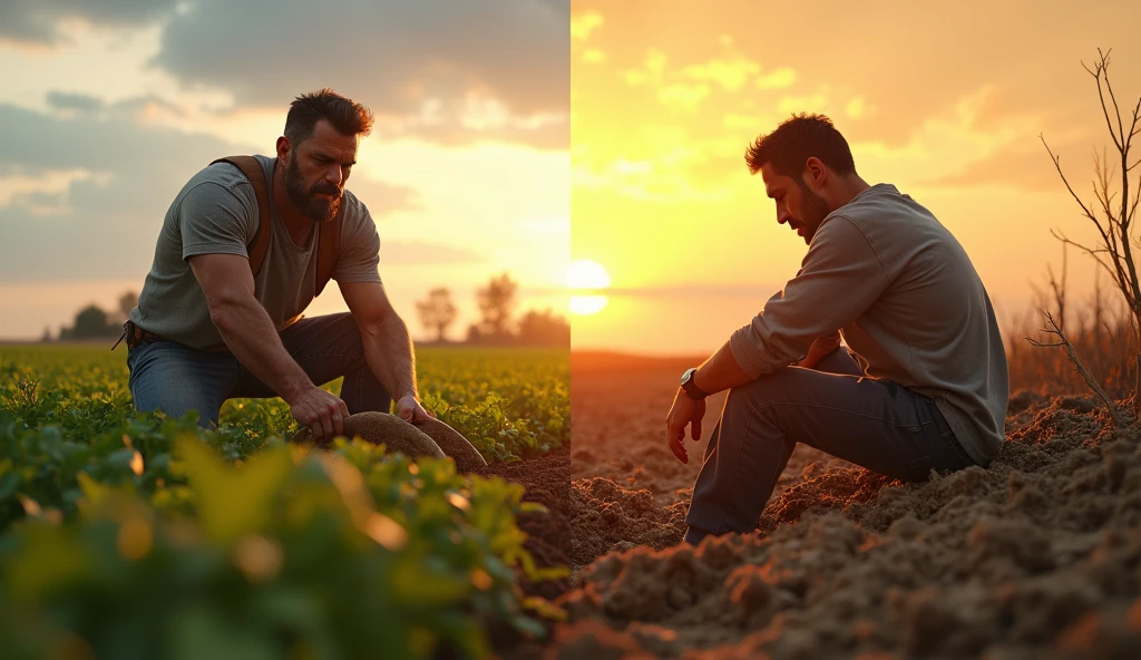 The Hardworking Farmer:** A split-screen image showing the hardworking brother on one side, plowing a field with dedication, under a bright sunny sky. He is strong, determined, and focused on his work. On the other side, the lazy brother is shown sitting idly by a dried-up field, with a sad expression, as the sun sets in the background.