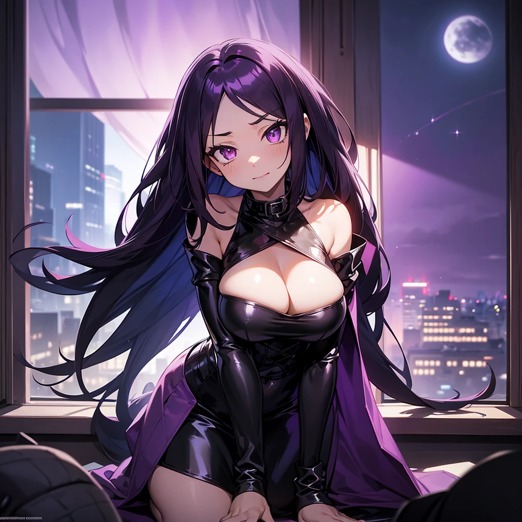 my_hero_academia, {female, long_straight_hair, purple_black_hair, purple_eyes, large_breast, looking_up, gothic, latex,}, seductive_pose, living_room_setting, windows_overlooking_night_sky, computer_desk,